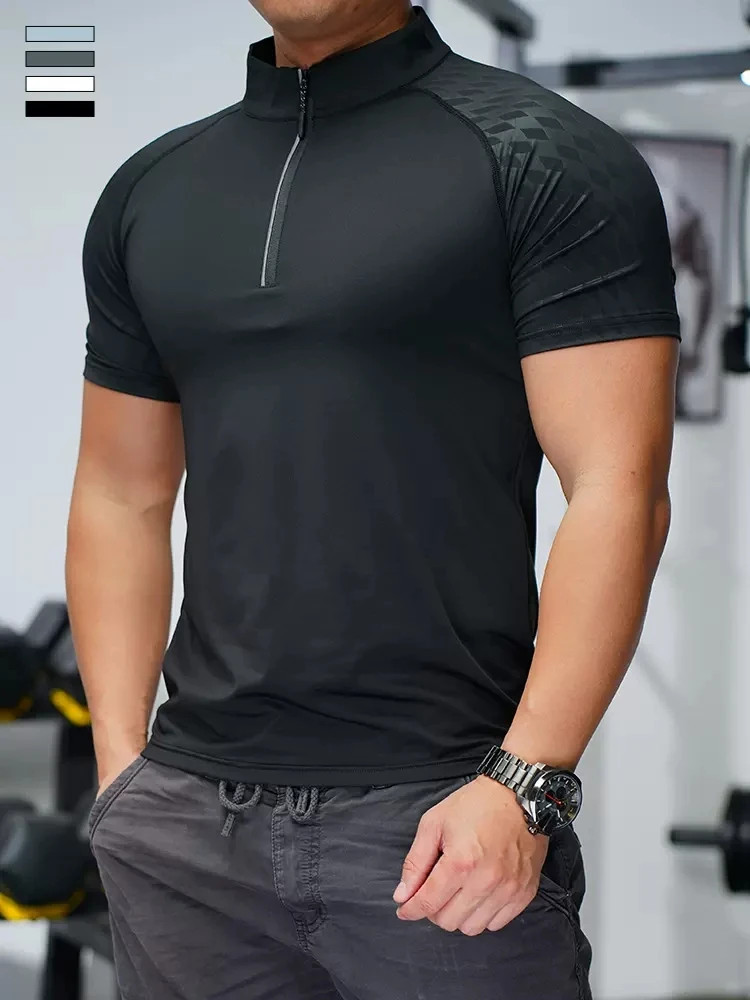 New 2023 Summer Running Gym Men Shirt Short Sleeve Tees Elastic Fit Sports Train
