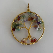 Tree Of Life Gold Tone Circular Pendant With Gemstone Chips