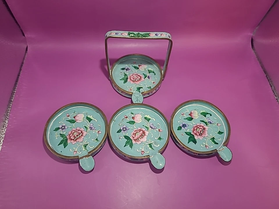 "Ceniceros apilables chinos Cloisonne esmalte y cobre Famille Rose 3,3/4"" X 3""" Foto 3 de 4