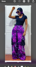 Women’s Purple Ankara Cotton Maxi cargo pant with Pockets, Drawstring Waist