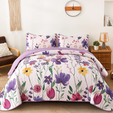 Anibedding Purple Quilt Set King Floral Pattern Microfiber Bedspreads King Size