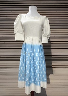 Caviar Premium Quality M Blue Cream Fit Flare Midi Dress Cottagecore Lined EUC