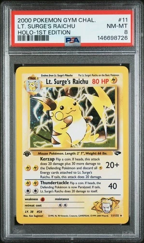 2000 POKEMON GYM CHALLENGE HOLO-1ST EDITION #11 LT. SURGE'S RAICHU PSA 8