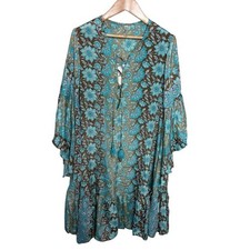 Flex Moda Womens One Size Floral Lace Up Tassel Bell Sleeve Boho Mini Dress Blue