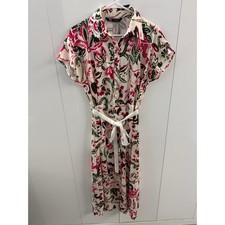 Zara Floral Paisley Midi Shirt Dress Pink Green Short Sleeve Belted Large