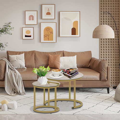 Gold Nesting Coffee Tables Set of 2 Glass Round Metal Frame Modern - Picture 8 of 12