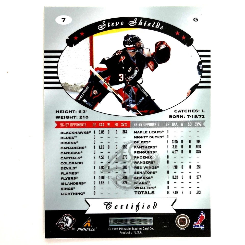 Steve Shields 1997-98 Pinnacle Certified Red Rookie Parallel #7 Buffalo Sabres - Image 2 of 2
