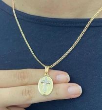 14K Gold Filled Crucifix Necklace CZ Charm Crucifix Women Men Kid Baby Figaro