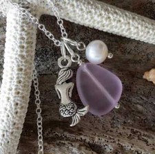 Handmade in Hawaii, Pink sea glass necklace,Sea mermaid charm, Fresh water
