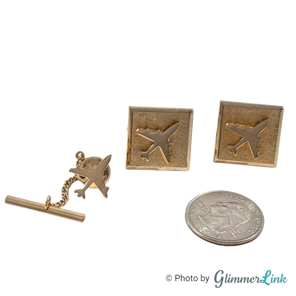 Vintage Swank Square Airplane Gold Tone Cufflinks & Tie Tack Set - Image 4 of 4