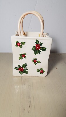 VTG Lefton Japan Holly Berry Porcelain Bag Vase w rubber handles 