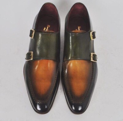 Handmade  Men's Brown Double Monk Leather Print Quality Comfortable For Party