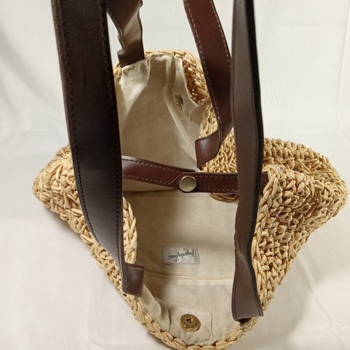Jacqueline Ferrar Woven Straw Bucket Bag Beach Purse Leather Straps Fabric Lined - Picture 10 of 13