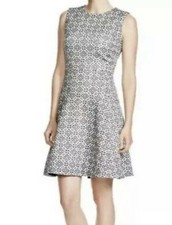 Tory Burch Textured Burlap Geometric Print A Line Work Dress 12 Color Navy White