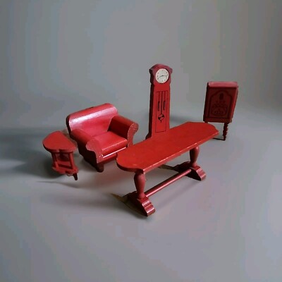 Vintage 1930s Strombecker Dollhouse Furniture 5 Piece Red Living Room Set 