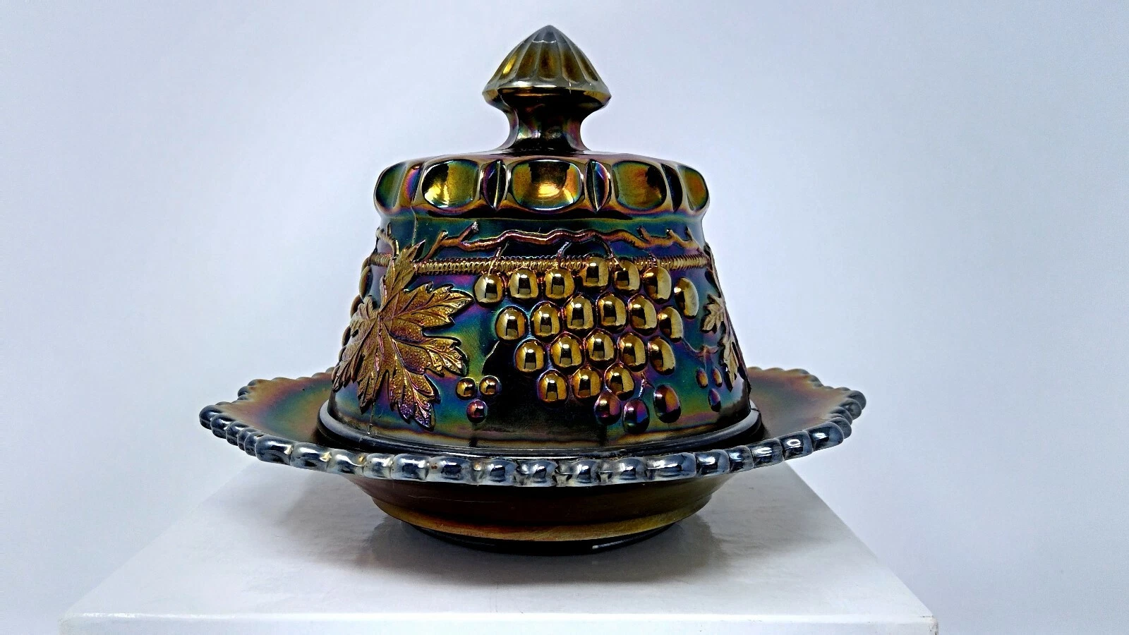 Northwood Carnival Glass Grape & Cable Amethyst Covered Butter Dish