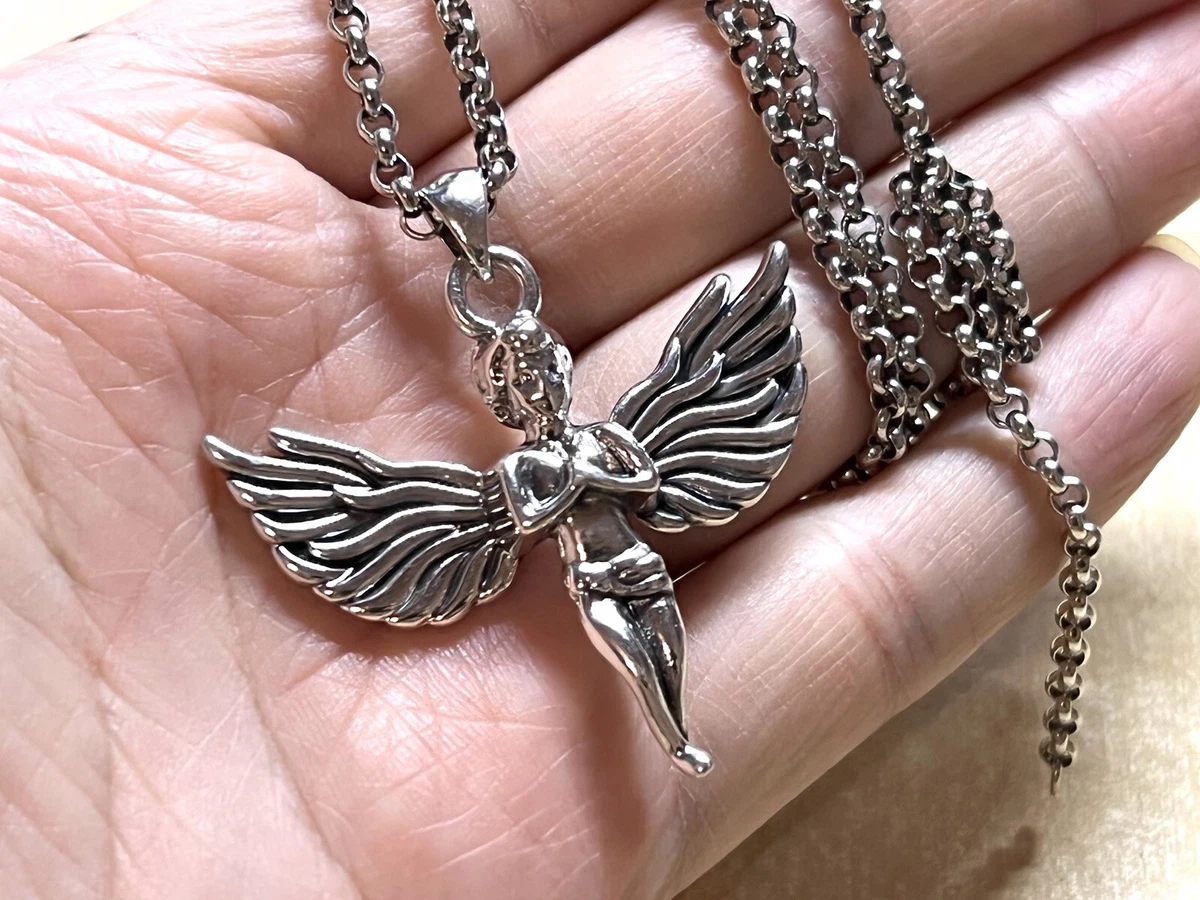 Solid 925 Sterling Silver Mens Heavy Angel Pendant Rolo Chain Necklace