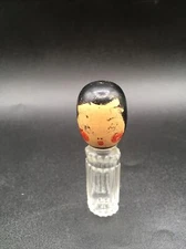 Vtg novelty perfume bottle Dionne Quints Figural wood  face lid glass 1940s 3”