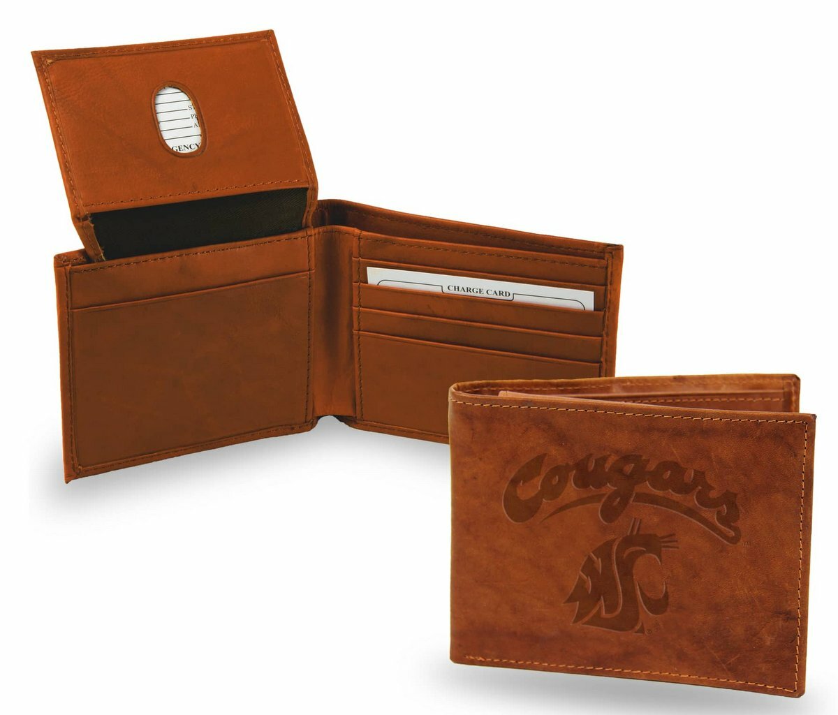 Washington State Cougars Wallet Lic. BIFold Leather Billfold Brown Tan