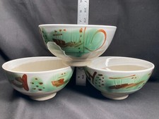 3 Asian Style Design Glazed Pottery Rice Bowls
