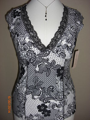 LINEA DONATELLA Black/White Lace Pullover Tie Cap Sleeves Blouse Top Shirt NWT