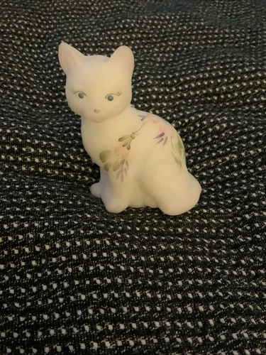Fenton White Satin Glass Hand Painted Cat Figurine Floral Signed Numbered