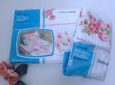 Vintage NOS Twin Flat Sheet 2 Queen Pillowcases Pink White Roses Eyelet Trim