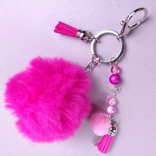 Keychain, Bag Charm, Purse Charm, Pink Pom-Pom, Beaded, Tassels 163