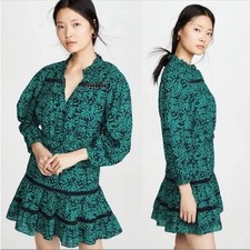 Joie Salama Long Sleeve Leaf Printed Mini Dress Black Green Large Bohemian NWT