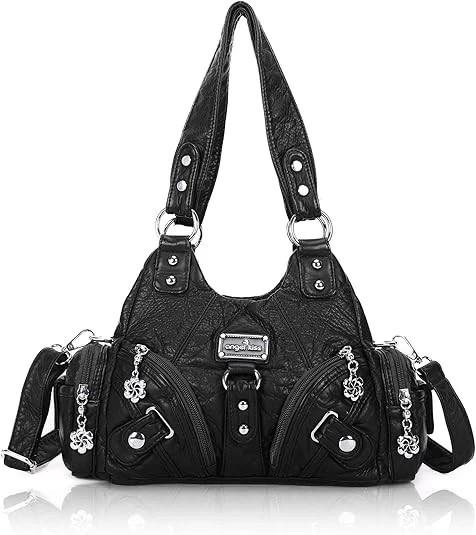 Angel Kiss Purses for Women Small Hobo Shoulder Bags Vagen Leather Black