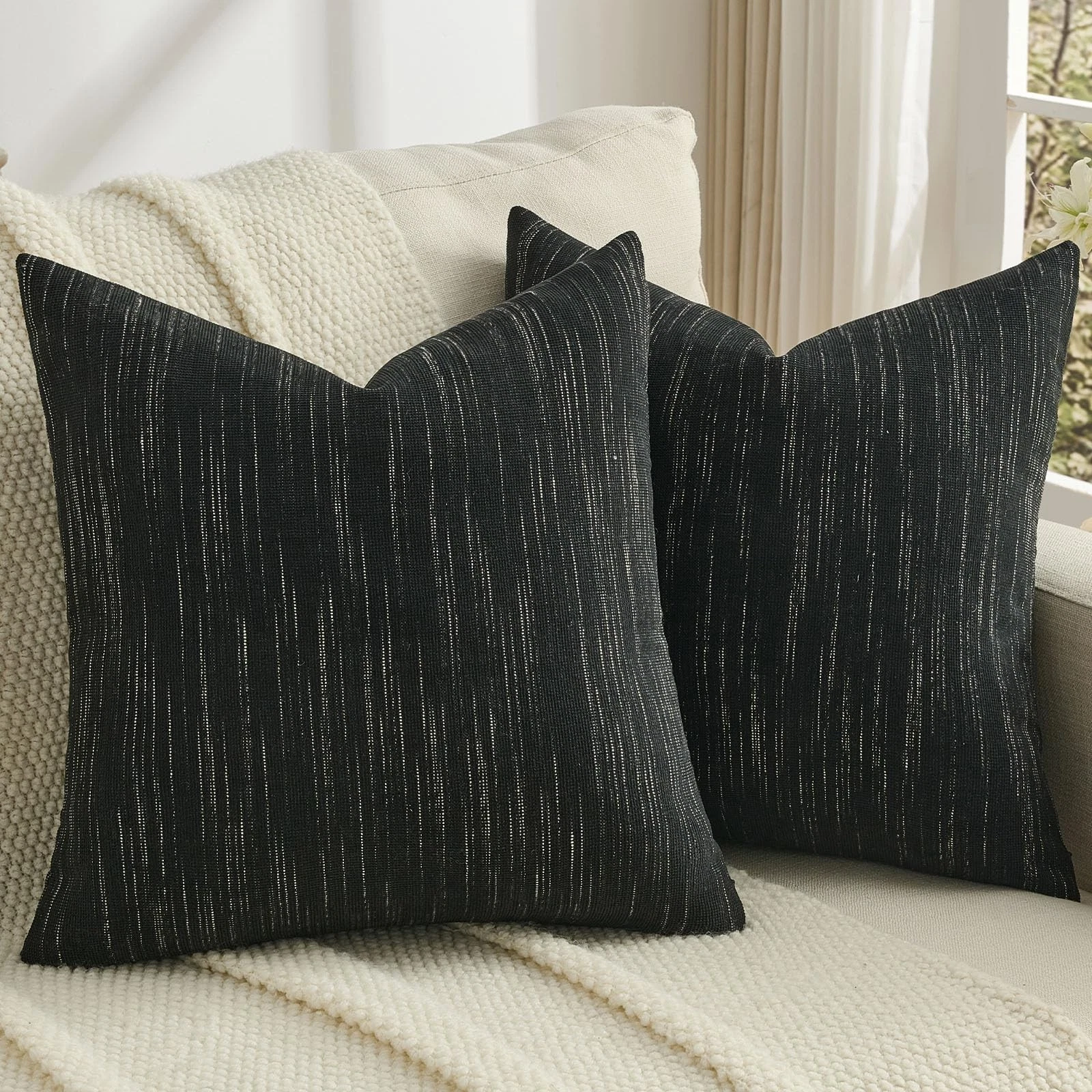 Black Chenille Throw Pillow Covers 20x20 Inch Set of 2,Soft & Cozy Meteor Dot...