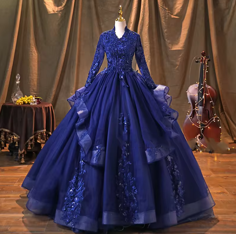 Navy Special Wedding Dresses Gorgeous Beaded Lace Appliques Long Sleeve A- Line | eBay Navy Special Wedding Dresses Gorgeous Beaded Lace Appliques Long Sleeve A- Line | eBay