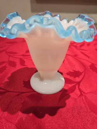Vintage Fenton Milk Glass Aqua Blue Crest Ruffled Edge Footed Vase USA 4.5" tall