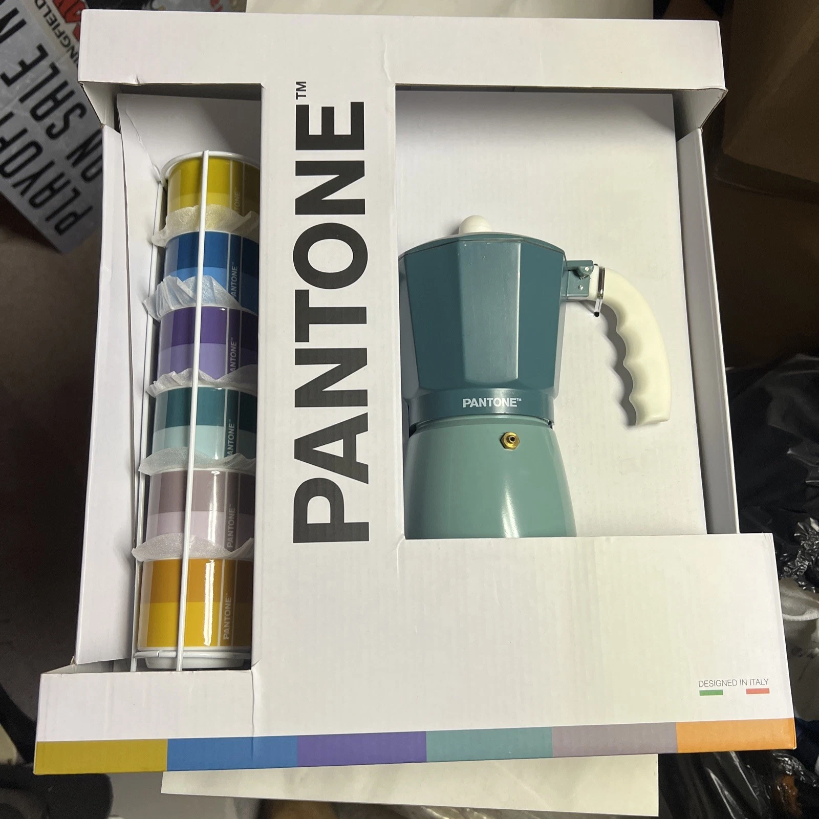 Pantone Italian Moka Pot Espresso Coffee Maker 6 Stackable Mugs Rack Set Green