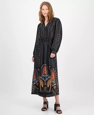 Tahari Long Sleeve Split V Neck Midi Dress Size L, 0256