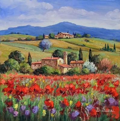 TUSCANY PAINTING FLOWERS LANDSCAPE ORIGINAL CHIRICI ITALIAN Toskanische malerei