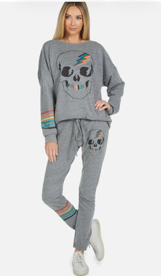 LAUREN MOSHI URI RAINBOW ELECTRIC SKULL XS Jogging lounge pants & sweater Set