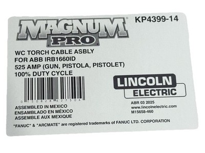 Lincoln Electric KP4399-14 WC Torch Cable Assembly, For ABB IRB1660ID. 525 AMP.