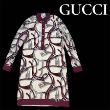 GUCCI Dress Long Sleeve Harness Pattern Vintage Ivory Burgundy Size 36