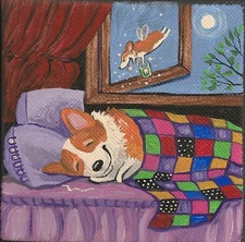 4X4 FOLK ART PRINT OF  PAINTING RYTA PEMBROKE WELSH CORGI TOOTH FAIRY FOLK Art