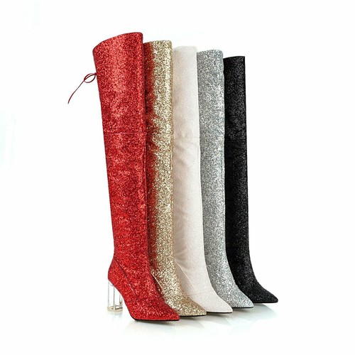 Brillo de lentejuelas mujer sobre la rodilla alta del muslo Botas Bombas de  Fiesta de Taco Alto Puntera Puntiaguda | eBay