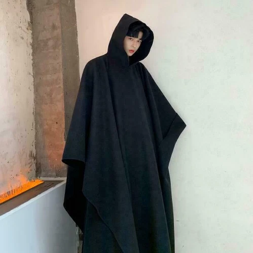 Men Fashion Hooded Wool Blend Black Pullover Oversize Cloak Cape Coat Ourwear - Bild 3 von 13