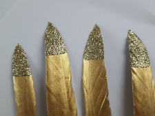 GOLD with GOLD Gold Glitter Tip  5 x hand painted Feathers