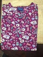 Carols Scrubs Purple Nursing Breast Cancer Print Women's Size M 8-10 EUC