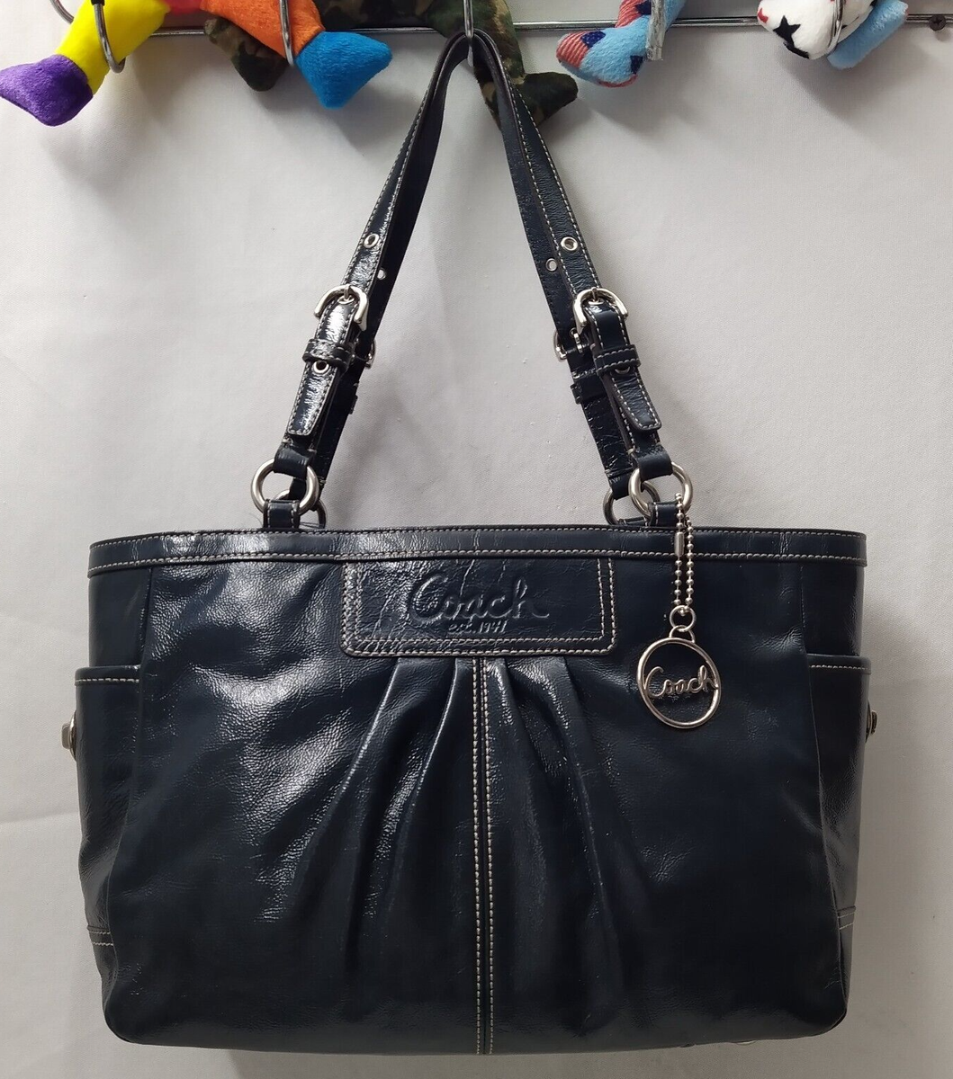 バッグ Coach Turnlock Patent Leather Tote Bag Coach Legacy Midnight Blue Patent Leather Turnlock Double Handles