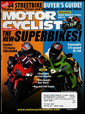 MARCH 2004 MOTORCYCLIST MAGAZINE, HONDA CBR1000RRE, KAWASAKI ZX