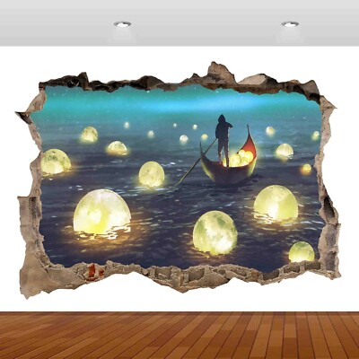 Fantasy Verzauberter Mond Boot See Nacht 3D-Aufkleber Wandaufkleber Poster Vinyl S200
