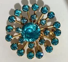 Vintage Blue Rhinestone on Gold Snowflake Pin Pinback Costume Jewelry