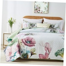 Full Queen Size Quilt Set, Elegant Floral Full/Queen 90"x96" Green Floral