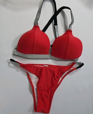 Women s Red Bikini Set Size M Two Piece Strappy Back Swimsuit Silver Trim